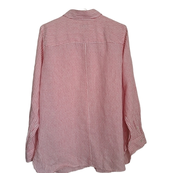 TALBOTS WOMAN 1X linen blouse shirt top red pinstripe darts long sleeve plus sz - Picture 2 of 7